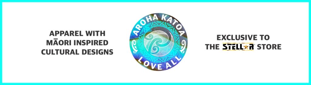 Aroha Katoa Māori design logo with koru pattern and "Love All" message in a Circle surrounding a Mandela and Koru Design encased within Paua Shell.