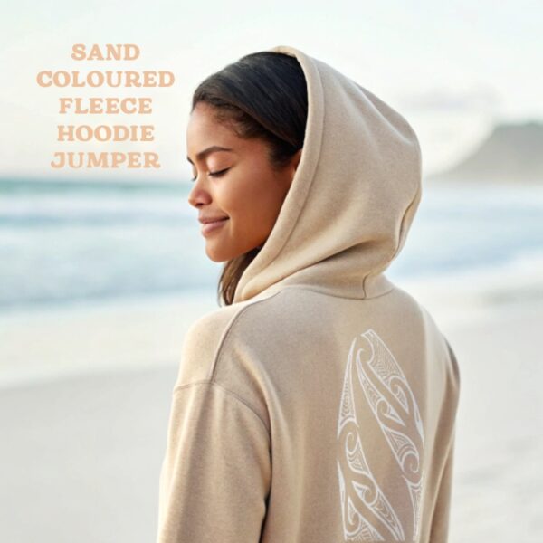 Aroha Katoa Māori design logo with koru pattern and "Love All" message in sand and white tones including a Unity Koru on the back.
