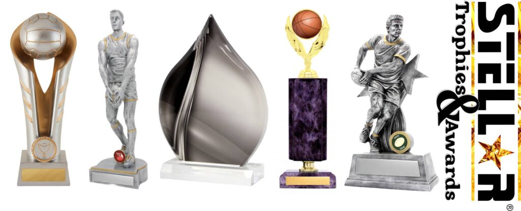 Custom sports trophies and awards selection by Stellar Online, featuring netball, basketball, and multi-sport designs